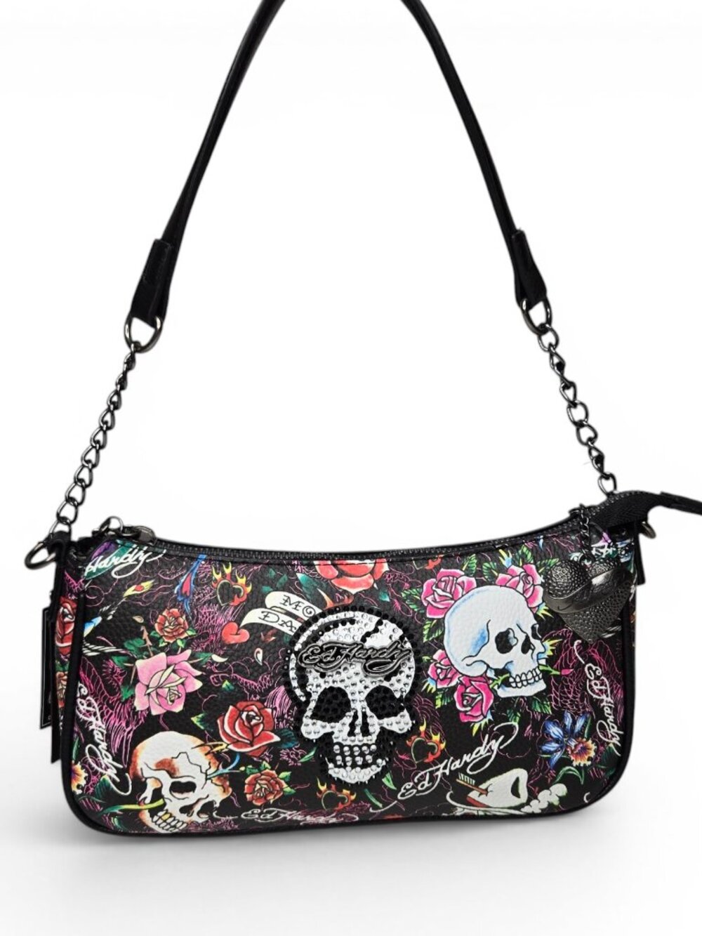 NWT Ed Hardy Veganโ Leather Crossbody Purse Floral Skull Allover Heart Trinket